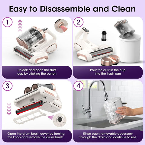 Grey and Purple Wireless UV Mattress Vacuum Cleaner and Handheld Mite Removal Vacuum - Portable Bed Cleaner with 8KPA Strong Suction, Ultrasonic & UV Light Sterilization, 520ML Large Dual Dust Cup, HEPA Filter and LED Display