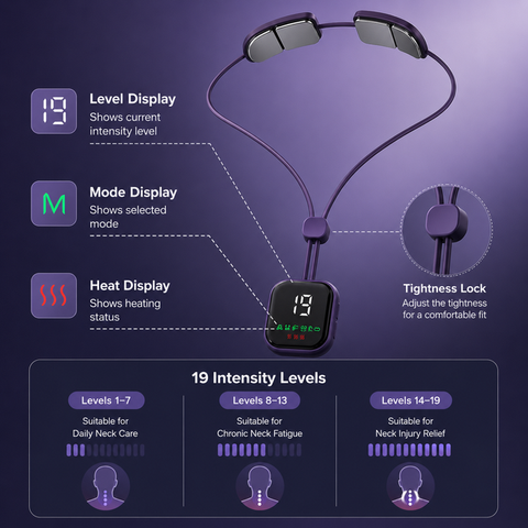 Red Lightweight Rechargeable Heated Cervical Massager - EMS TENS Pulse Neck Shoulder Therapy Device with 6 Massage Modes & 19 Intensity Levels, 3 Level Heat Compression, Large Digital Display and Tightening Buckle