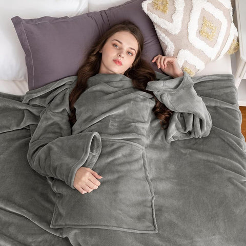 Pink 180 x 120CM Extra Large Wearable Wrap Blanket with Sleeves and Large Pocket, Cozy Thickened Flannel Oversized TV Blanket Robe and Sofa Throw for Home Lounging