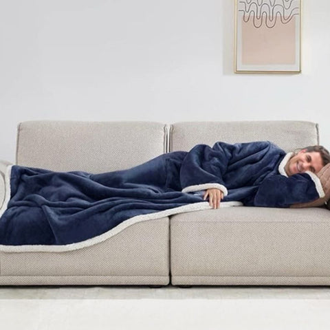 Grey 180 x 120CM Extra Large Wearable Wrap Blanket with Sleeves and Large Pocket, Cozy Thickened Composed Flannel Sherpa Fleece Oversized TV Blanket Robe and Sofa Throw for Home Lounging