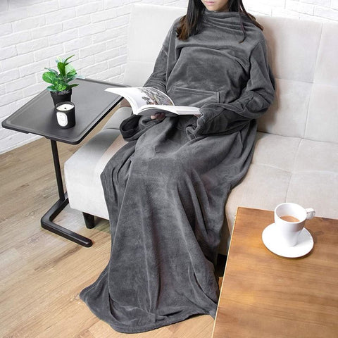 Winter Cozy Warm Loungewear Gift Set – 150 x 180CM Dark Grey Flannel Fleece Wearable Blanket with Adjustable Sleeves Large Front Pocket and Back Velcro Closure, Free M Size Sherpa Fleece Cable Knit Anti-Slip Slipper Socks for Home Relaxation