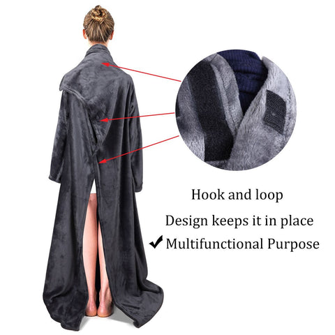 Winter Cozy Warm Loungewear Gift Set – 150 x 180CM Dark Grey Flannel Fleece Wearable Blanket with Adjustable Sleeves Large Front Pocket and Back Velcro Closure, Free M Size Sherpa Fleece Cable Knit Anti-Slip Slipper Socks for Home Relaxation