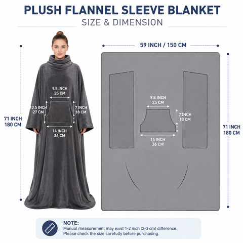 Winter Cozy Warm Loungewear Gift Set – 150 x 180CM Navy Blue Flannel Fleece Wearable Blanket with Adjustable Sleeves Large Front Pocket and Back Velcro Closure, Free XL Size Sherpa Fleece Cable Knit Anti-Slip Slipper Socks for Home Relaxation