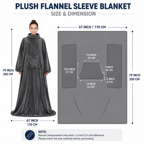 Winter Cozy Warm Loungewear Gift Set – 170 × 200CM Navy Blue Flannel Fleece Wearable Blanket with Adjustable Sleeves Large Front Pocket and Back Velcro Closure, Free M Size Sherpa Fleece Cable Knit Anti-Slip Slipper Socks for Home Relaxation