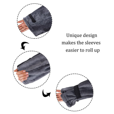 Winter Cozy Warm Loungewear Gift Set – 170 × 200CM Navy Blue Flannel Fleece Wearable Blanket with Adjustable Sleeves Large Front Pocket and Back Velcro Closure, Free XL Size Sherpa Fleece Cable Knit Anti-Slip Slipper Socks for Home Relaxation