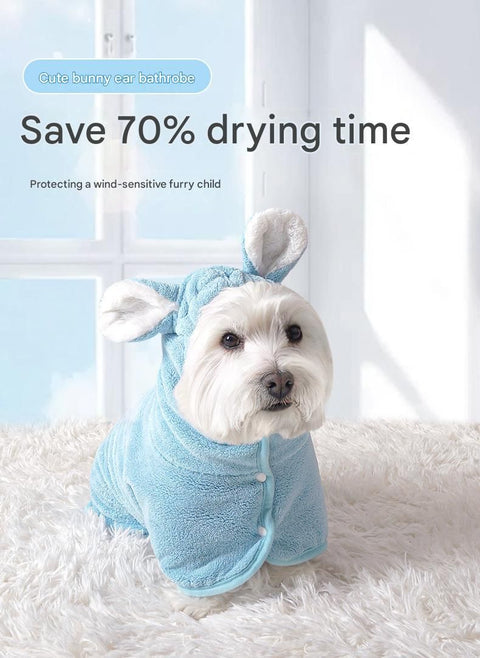 Blue XS size Pet Drying Robe with Hood - Quick Dry Coral Fleece Towel for Dogs and Cats, Super Absorbent Bathrobe with Cute Rabbit Ears, Adjustable Fit for All Sizes, Easy to Wear and Machine Washable