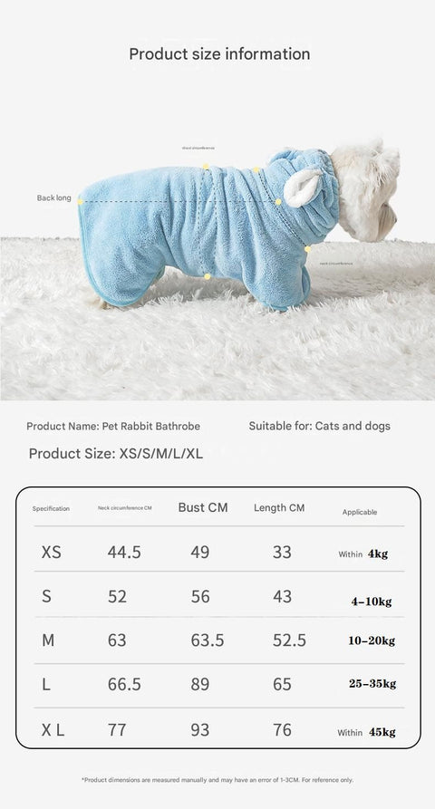Blue M size Pet Drying Robe with Hood - Quick Dry Coral Fleece Towel for Dogs and Cats, Super Absorbent Bathrobe with Cute Rabbit Ears, Adjustable Fit for All Sizes, Easy to Wear and Machine Washable