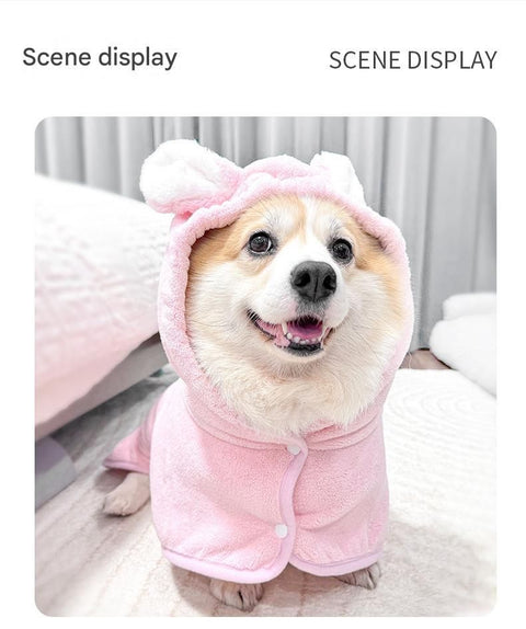 Blue L size Pet Drying Robe with Hood - Quick Dry Coral Fleece Towel for Dogs and Cats, Super Absorbent Bathrobe with Cute Rabbit Ears, Adjustable Fit for All Sizes, Easy to Wear and Machine Washable