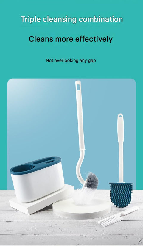 Blue Toilet Brush Set with Holder - 3-in-1 Wall Mounted Bathroom Cleaning Kit, TPR Soft Bristle & 360° Globe Brush, No-Drill Adhesive Base, Space Saving Design for Home, Apartment, Rental