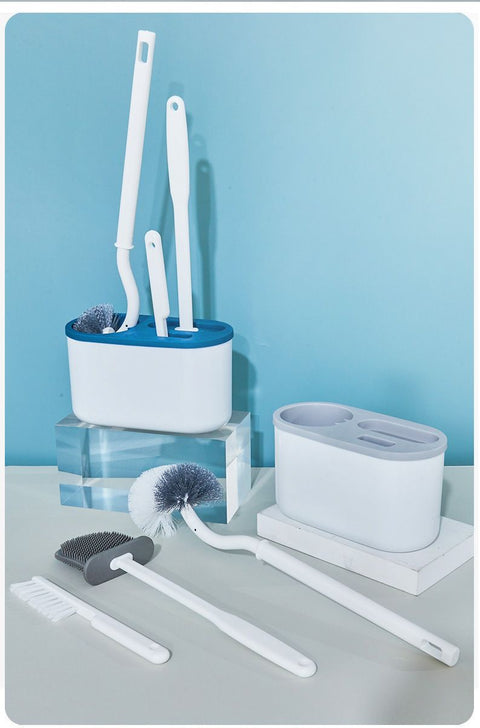 Blue Toilet Brush Set with Holder - 3-in-1 Wall Mounted Bathroom Cleaning Kit, TPR Soft Bristle & 360° Globe Brush, No-Drill Adhesive Base, Space Saving Design for Home, Apartment, Rental