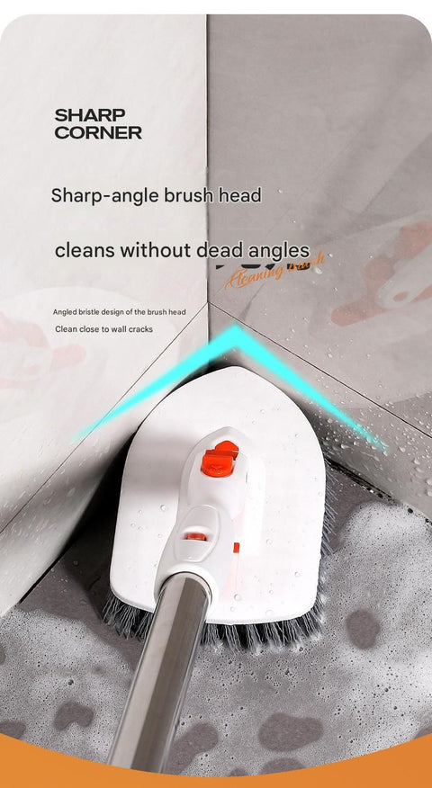 5-piece(Three-section pole+stiff brush+ base plate+fiber cloth+scouring pad) Long Handle Bathroom Floor Scrub Brush  - 180° Rotating Angle, Stainless Steel Pole, Corner Cleaning Design for Tiles, Grout, Bathtub, Shower - Heavy Duty Cleaning Tool