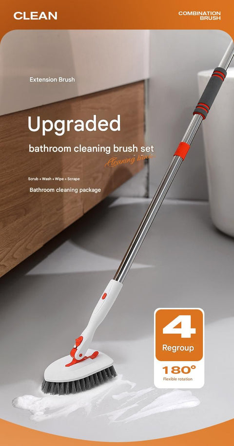6-piece(Three-section pole+stiff brush+base plate+microfiber cloth + scouring pad+ squeegee) Long Handle Bathroom Floor Scrub Brush  - 180° Rotating Angle, Stainless Steel Pole, Corner Cleaning Design for Tiles, Grout, Bathtub, Shower - Heavy Duty Cleanin