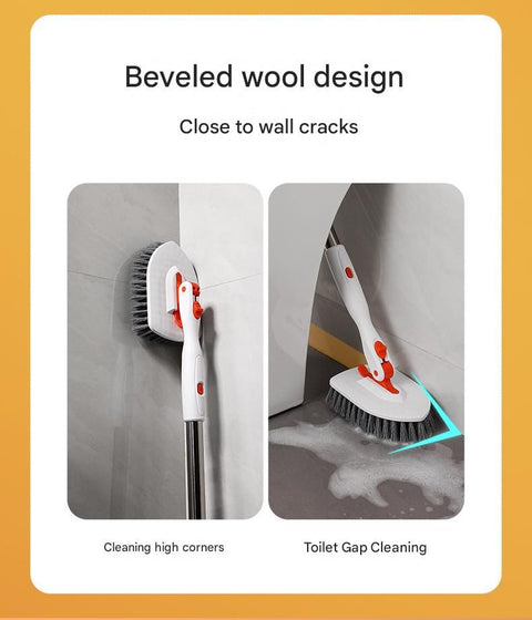 6-piece(Three-section pole+stiff brush+base plate+microfiber cloth + scouring pad+ squeegee) Long Handle Bathroom Floor Scrub Brush  - 180° Rotating Angle, Stainless Steel Pole, Corner Cleaning Design for Tiles, Grout, Bathtub, Shower - Heavy Duty Cleanin