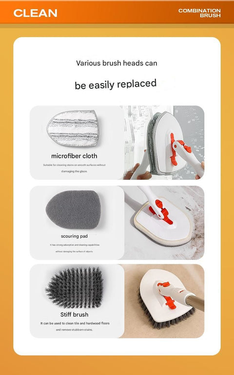 6-piece(Three-section pole+stiff brush+base plate+microfiber cloth + scouring pad+ squeegee) Long Handle Bathroom Floor Scrub Brush  - 180° Rotating Angle, Stainless Steel Pole, Corner Cleaning Design for Tiles, Grout, Bathtub, Shower - Heavy Duty Cleanin