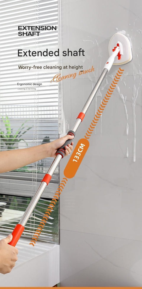 6-piece(Three-section pole+stiff brush+base plate+microfiber cloth + scouring pad+ squeegee) Long Handle Bathroom Floor Scrub Brush  - 180° Rotating Angle, Stainless Steel Pole, Corner Cleaning Design for Tiles, Grout, Bathtub, Shower - Heavy Duty Cleanin