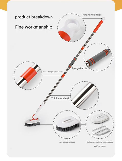 9-piece White and Orange Complete Home Cleaning Brush Set - Stainless Steel Telescopic Bathroom Scrubber and Wall Mounted Silicone Toilet Brush Kit with Multiple Replaceable Heads for Deep Cleaning Tiles, Floors, and Toilets
