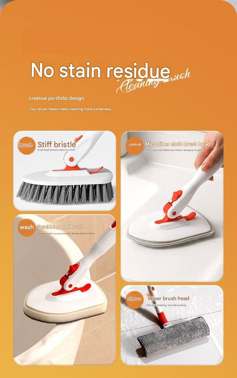 9-piece White and Orange Complete Home Cleaning Brush Set - Stainless Steel Telescopic Bathroom Scrubber and Wall Mounted Silicone Toilet Brush Kit with Multiple Replaceable Heads for Deep Cleaning Tiles, Floors, and Toilets