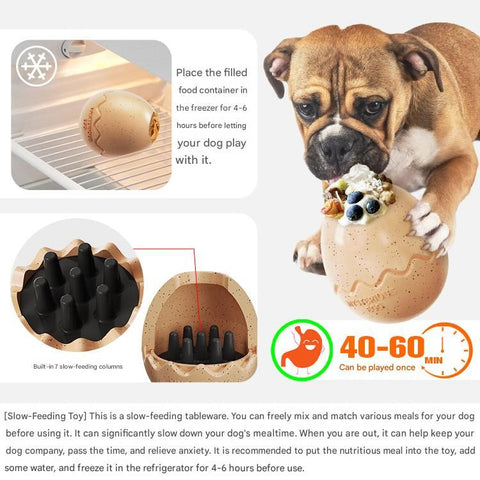 2-piece Yellow Dinosaur Egg Dog Slow Feeder Toy Set with Cleaning Brush - TPR Interactive Treat Dispenser for Mental Stimulation, Anxiety Relief and Healthy Digestion - Includes Extendable Brush for Easy Cleaning