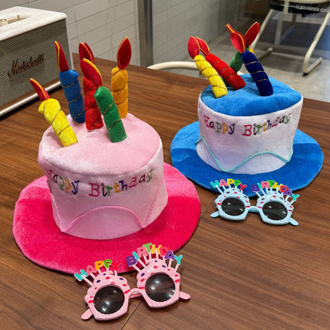 2-piece Pink Plush Birthday Cake Hat Set - Novelty Party Accessory with Matching Glasses, Fun Photo Prop for Adults and Kids