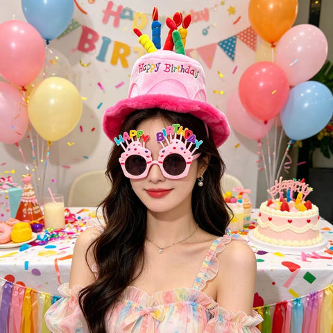2-piece Pink Plush Birthday Cake Hat Set - Novelty Party Accessory with Matching Glasses, Fun Photo Prop for Adults and Kids