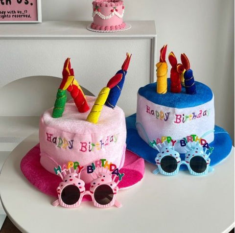 4-piece Blue Plush Birthday Cake Hat Set - Novelty Party Accessory with Matching Glasses and Medals and Shoulder Straps, Fun Photo Prop for Adults and Kids