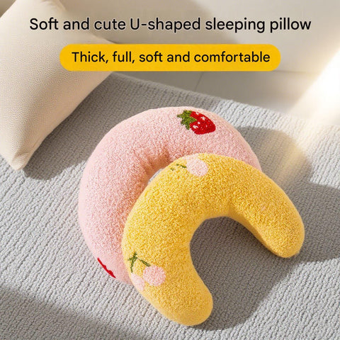 Yellow Pet U-Shaped Pillow - Soft Teddy Velvet Neck Support Cushion for Dogs and Cats, Deep Sleep Aid with Embroidered Design, Lightweight and Comfortable Pet Bed Accessory