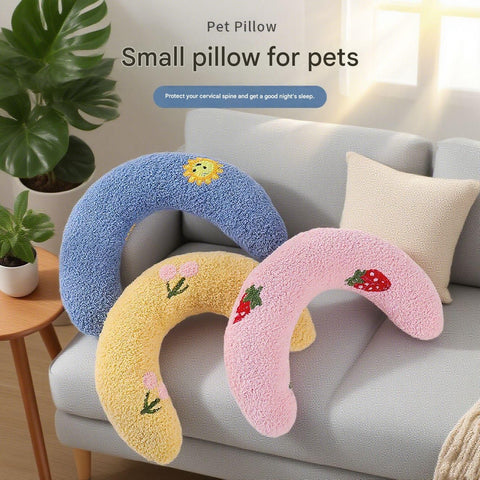 Pink Pet U-Shaped Pillow - Soft Teddy Velvet Neck Support Cushion for Dogs and Cats, Deep Sleep Aid with Embroidered Design, Lightweight and Comfortable Pet Bed Accessory