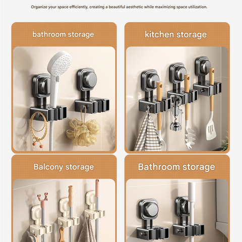 3 pack Grey Suction Cup Mop and Broom Holder Wall Mount - No Drill Adhesive Hook for Bathroom, Kitchen and Laundry, Strong Hold Reusable Storage Organiser for Cleaning Tools