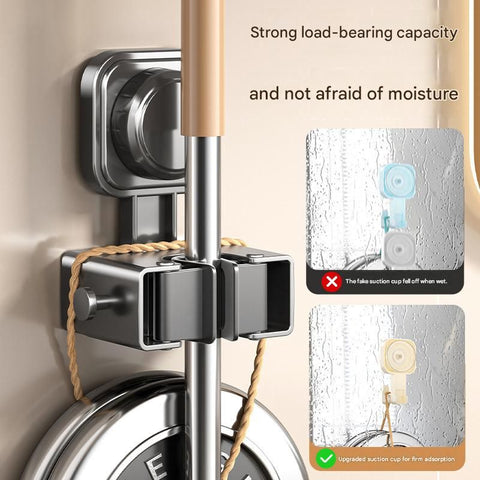 3 pack Milky white Suction Cup Mop and Broom Holder Wall Mount - No Drill Adhesive Hook for Bathroom, Kitchen and Laundry, Strong Hold Reusable Storage Organiser for Cleaning Tools