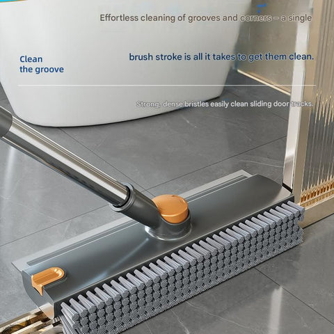 Grey Floor Scrub Brush with V-Shaped Bristles - 360 Degree Rotating Long Handle Gap Cleaner for Bathroom Tiles, Grout and Corners, Heavy Duty Scraper and Brush Combo for  Homes