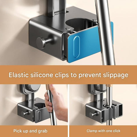 2-piece Grey V-Shaped Floor Scrub Brush and Suction Mop Holder Set - 360 Rotating Grout Cleaner, Heavy Duty Bristles, No Drill Wall Mount Storage, Space Saving Bathroom Cleaning Kit for Tiles and Corners
