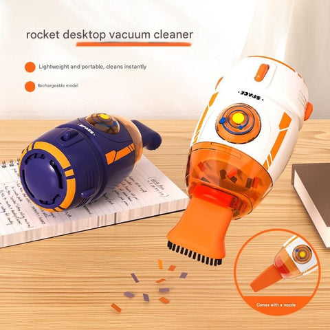 Orange and White Rocket Desktop Vacuum Cleaner - USB Rechargeable, 500mAh Battery, Two Types of Suction Nozzles, Transparent Dustbin - Compact Handheld Vacuum for Keyboard, Eraser Shavings, Desk & Car Cleaning