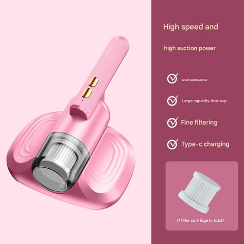 Pink Cordless Handheld Mite Removal Vacuum - 10KPA Suction, UV Blue Light, 200ML Dust Cup, 3-Stage Filtration - Portable Cleaner for Bed, Sofa & Carpet