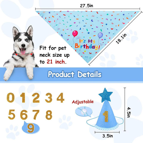 Blue Pet Birthday Bandana and Hat Set - Soft Cotton, Double-Sided Print, Adjustable Party Hat with Number - Cute Dog Birthday Accessories for Photo Props and Celebration