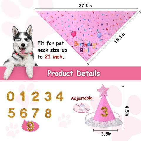 Pink Pet Birthday Bandana and Hat Set - Soft Cotton, Double-Sided Print, Adjustable Party Hat with Number - Cute Dog Birthday Accessories for Photo Props and Celebration