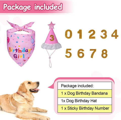Pink Pet Birthday Bandana and Hat Set - Soft Cotton, Double-Sided Print, Adjustable Party Hat with Number - Cute Dog Birthday Accessories for Photo Props and Celebration