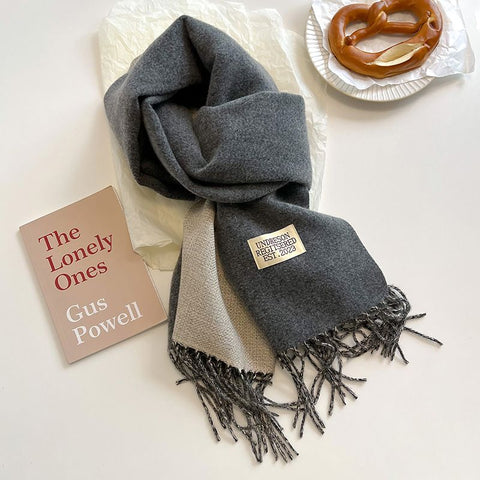 Dark Grey and Beige Double-Sided Reversible Imitation Cashmere Scarf for Women - Soft Warm Winter Neck Wrap with Classic Boho Tassel Edge, Solid Color Design for Versatile Styling - Cozy Everyday Accessory for Travel, Work & Casual Wear