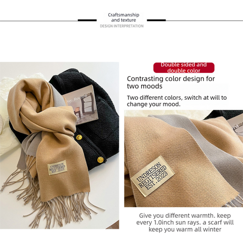 Dark Grey and Beige Double-Sided Reversible Imitation Cashmere Scarf for Women - Soft Warm Winter Neck Wrap with Classic Boho Tassel Edge, Solid Color Design for Versatile Styling - Cozy Everyday Accessory for Travel, Work & Casual Wear