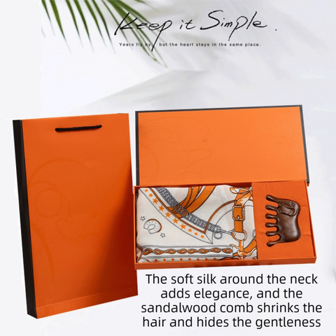Luxury Orange Scarf Gift Set for Women - 70x70cm Belt Buckle Print Square Scarf with Elephant Comb, Stylish Neck Scarf & Hair Comb Set in Gift Box - Perfect Present for Birthday, Mother's Day, Anniversary