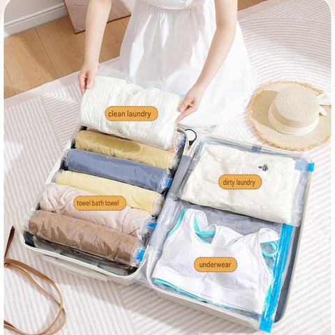 12-piece Vacuum Storage Bags Set(4 medium, 4 large, 3 extra large, 1 hand pump)- Heavy Duty Space Saving Compression Bags for Clothes Quilts Bedding Moisture Proof Wardrobe Organisation Travel Storage Reusable Durable Seal