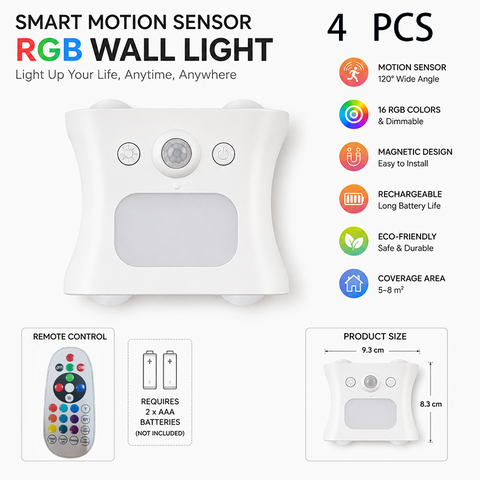 4 pcs White  Motion Sensor Wall Light, Rechargeable Magnetic LED Ambient Wall Lamp with Remote Control, 16 Colors & 3 Color Temperatures, Wireless Indoor Night Light for Bedroom Hallway Living Room