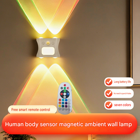 Black  Motion Sensor Wall Light, Rechargeable Magnetic LED Ambient Wall Lamp with Remote Control, 16 Colors & 3 Color Temperatures, Wireless Indoor Night Light for Bedroom Hallway Living Room