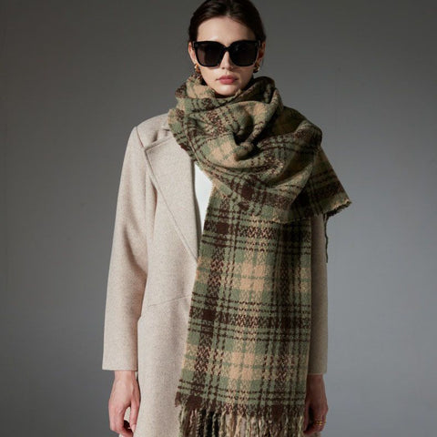 Striped Wool-Blend Beanie & Plaid Fringed Scarf Set — Soft Knit Hat (36 x 26 cm) and Oversized Shawl (200 x 65 cm); A Must-Have for Christmas and Cold Weather