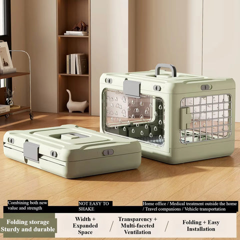 Green Collapsible Pet Carrier Crate - Foldable Travel Airline Dog & Cat Kennel with Transparent Windows