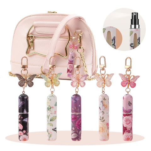 3 Pack Pink 5ml Portable Perfume Atomizer Keychain Butterfly Charm Floral Refillable Travel Spray Bottle Set - Same Design