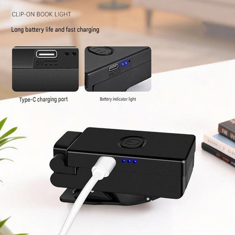 Black Rechargeable LED Clip-On Reading Light - Foldable Portable Mini Book Light with Eye-Caring Lamp for Study & Bedside