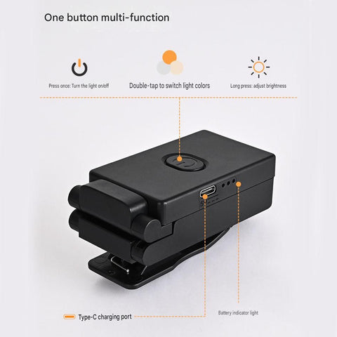 Black Rechargeable LED Clip-On Reading Light - Foldable Portable Mini Book Light with Eye-Caring Lamp for Study & Bedside
