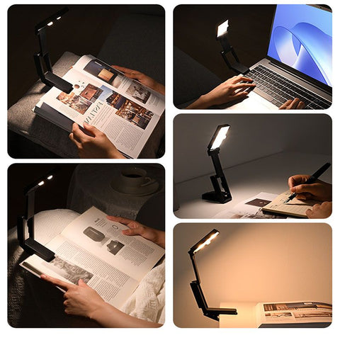 Black Rechargeable LED Clip-On Reading Light - Foldable Portable Mini Book Light with Eye-Caring Lamp for Study & Bedside