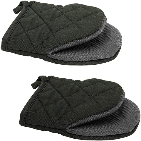 Black Heat Resistant Oven Mitts Set 1 Pair and 4 Pot Holders Quilted Cotton Kitchen Heat Protection Gloves and Pads Silver Coated Non Slip Baking Cooking Kitchen Accessories