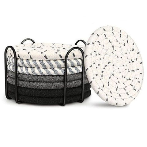 Black 8 Piece Handmade Braided Cotton Coasters Set with Holder 4.3 Inch Round Absorbent Drink Coasters Heat Resistant Table Protection Cup Mats for Home Kitchen